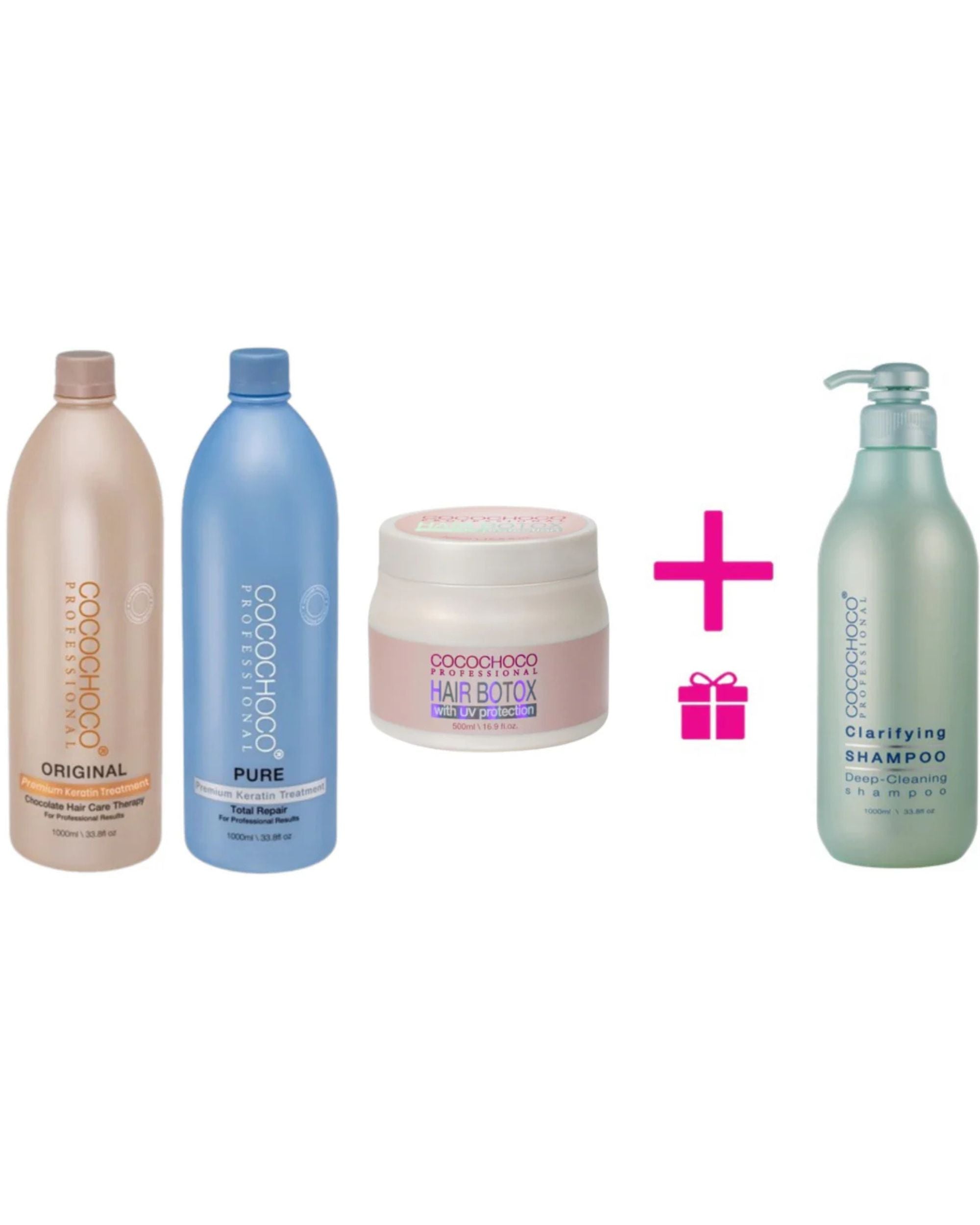 COCOCHOCO Комплект: Hair Botox 500 мл + Original Keratin 1000 мл + Pure Keratin 1000 мл + Подарък Clarifying Shampoo