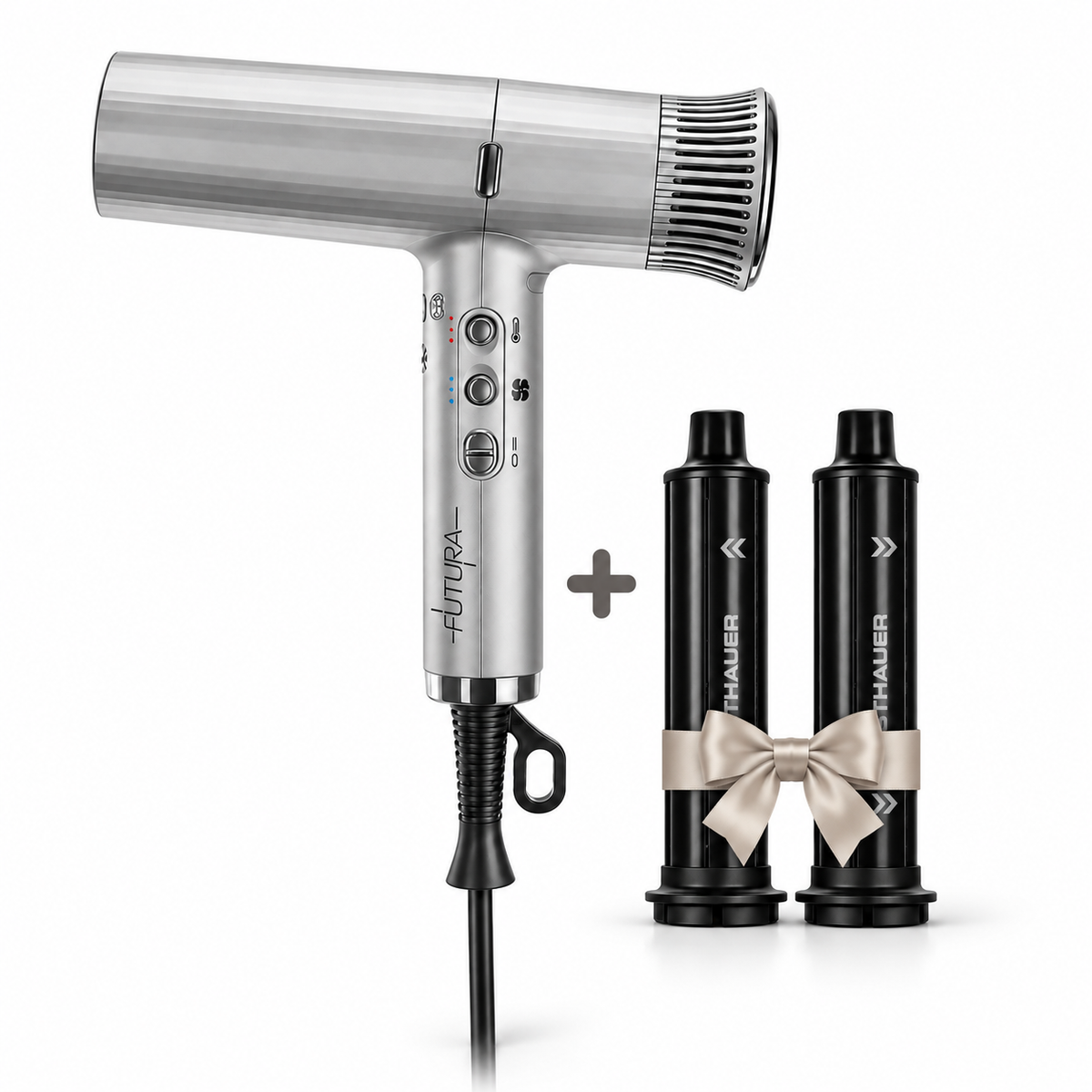 STHAUER Futura – професионален сешоар 1800W сребърен с подарък барели Waves Kit Pro