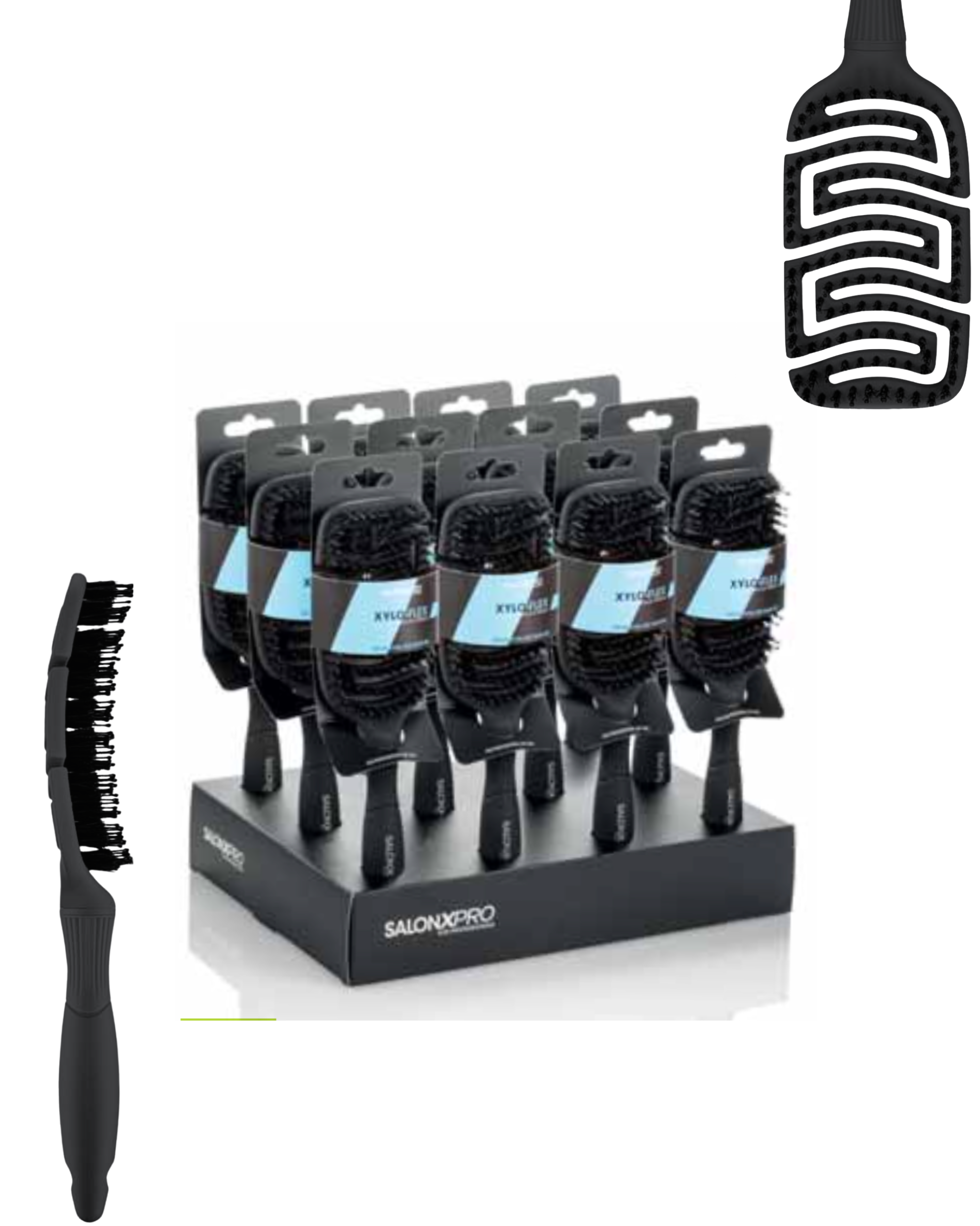 XANIPRO SalonXPro Xylo-Flex – Стенд с 12 Четки за Разресване Черни