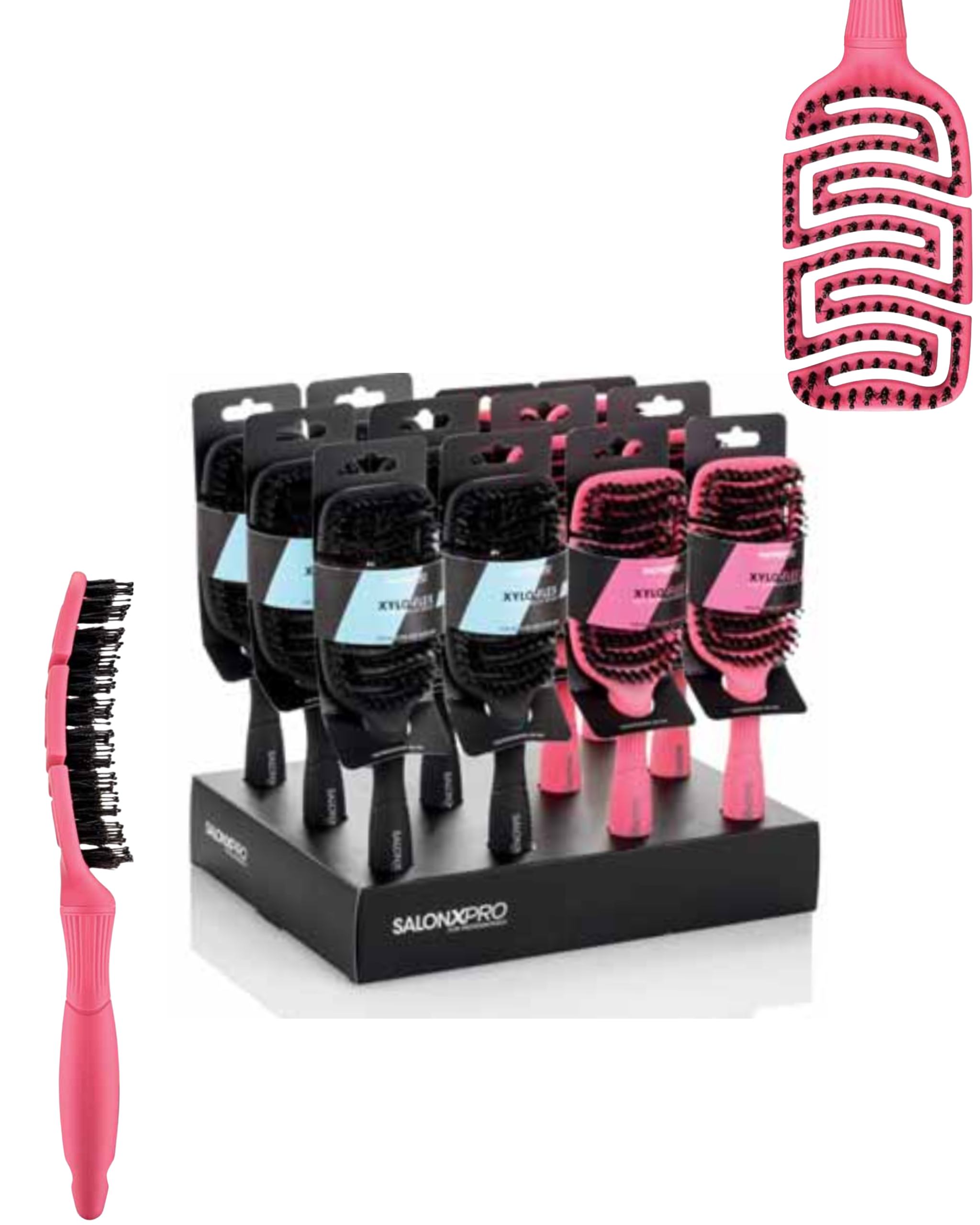 XANIPRO SalonXPro Xylo-Flex – Стенд с 12 Четки за Разресване Черни и Розови