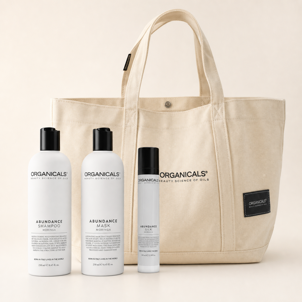 ORGANICALS Abundance Moringa Shampoo + Mask + Silk – летен комплект за възстановяване на коса с подарък чанта