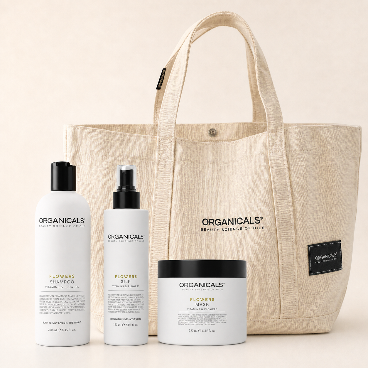 ORGANICALS Flowers Shampoo + Mask + Silk – летен комплект за възстановяване и жизненост на коса с подарък чанта